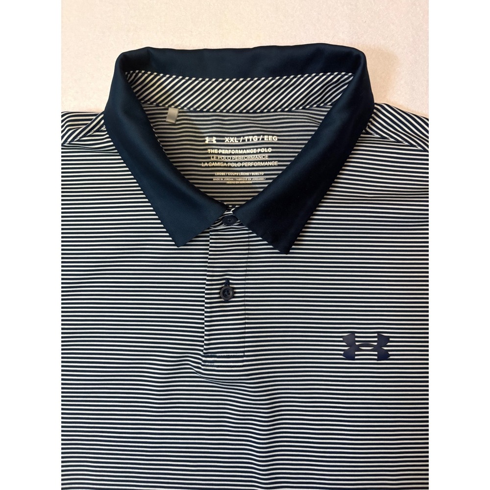 Under Armour Mens XXL Performance Polo Navy White Striped Short Sleeve Loose